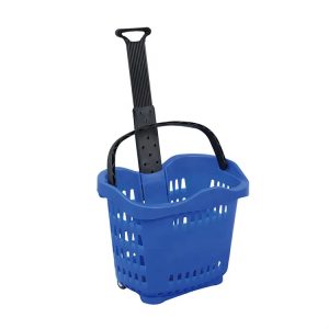 45L Quality Plastic Shopping Basket with wheels and Handle Bar